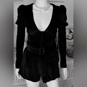Dolls Kill Sugar Thrillz Black Velvet Romper Belted Low Cut Long Sleeves Size XS